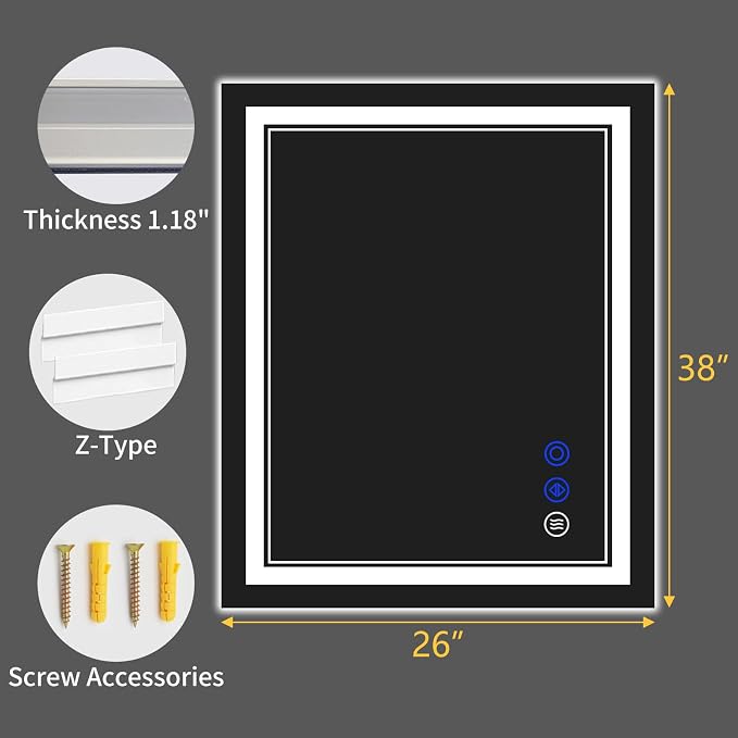 38"x26" LED Bathroom Mirror with Lights,Anti-Fog,3 Color Modes