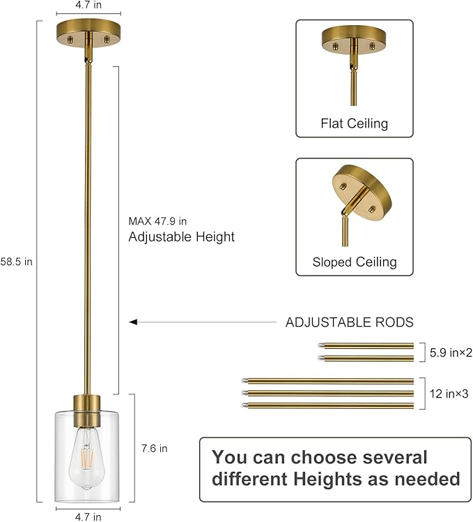 Modern Farmhouse Brass Gold Pendant Lights, Mini Hanging Light Fixture with Clear Glass Shade, Adjustable Rods for Kitchen Island, Sink, Bar (2 Pack)