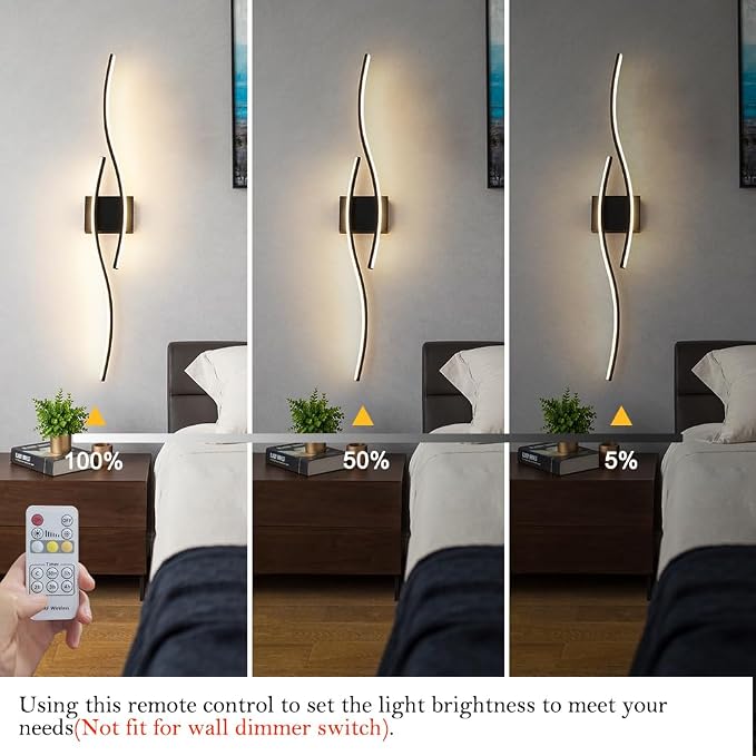 Daunton Hardwired Modern Wall Sconce Set of Two with Remote Control, Dimmable LED Wall Sconces Lighting Set of 2, Large Black Wall Light, LED Wall Lamp for Bedroom Living Room Bathroom 40.5" Length