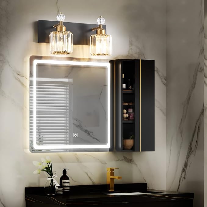 PRESDE 2-Crystal Bathroom Vanity Light Modern Black and Gold Bathroom Lights Fixtures Over Mirror Modern Bath Wall Lighting