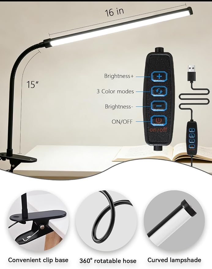 2 Pack LED Clip On Reading Light,Desk Lamp with Clamp,Clip On Table Light Bar,Curved Monitor Light Bar for Home Office,Bedside Bedroom Lamp,Dormitory Study Light,Workbench Task Lighting