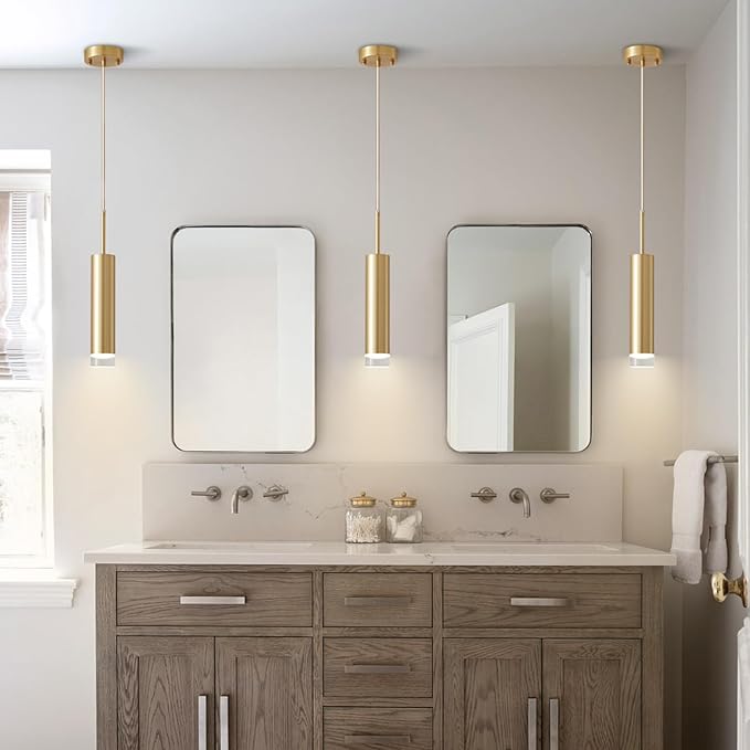 KCO Lighting Long Tube Pendant Lights Kitchen Island Small Gold Pendant Light Mini Cylinder Pendent Lights Industrial Mid Century Modern Hanging Light Bushed Brass Living Room Light 3 Pack