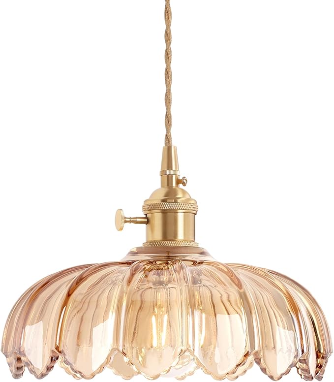 Pendant Light with Amber Scindapsus Glass Lmapshade, Brass Vintage Pendant Light Adjustable Hanging Light for Kitchen Island Dining Room Hallway
