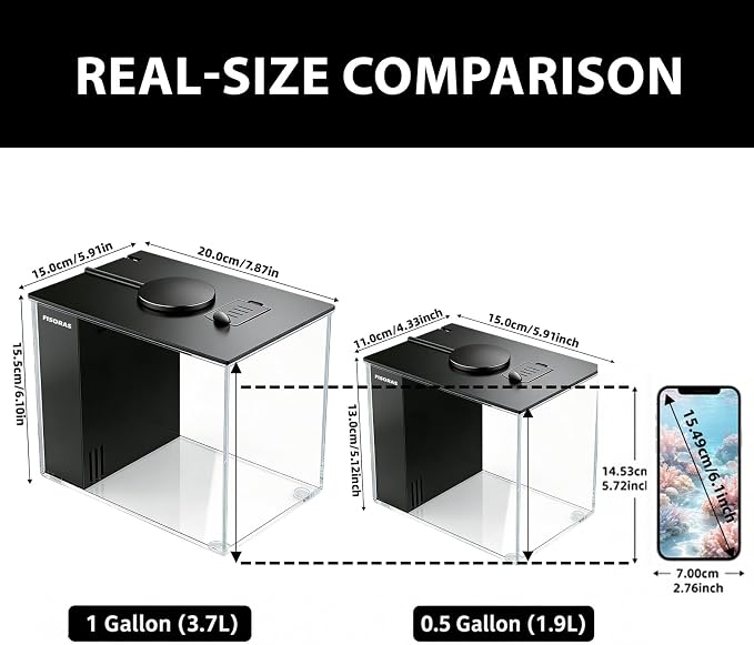 0.5Gal (1.9L) Small Aquarium with Water Filter Pump and LED Light | Ideal for small fish