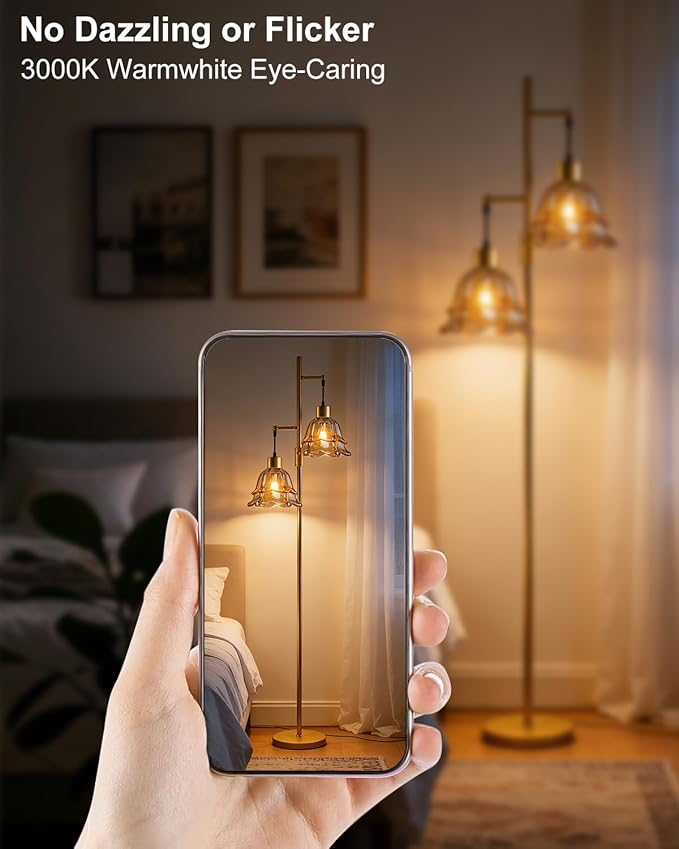 Lightdot 65IN Gold Flower Floor Lamp for Living Room, 2- Light Dimmable Floor Lamps with Brown Glass Lampshade, 3000K Warm White Modern Standing Tall Lamp for Bedroom Sofa Beside Corner Decor