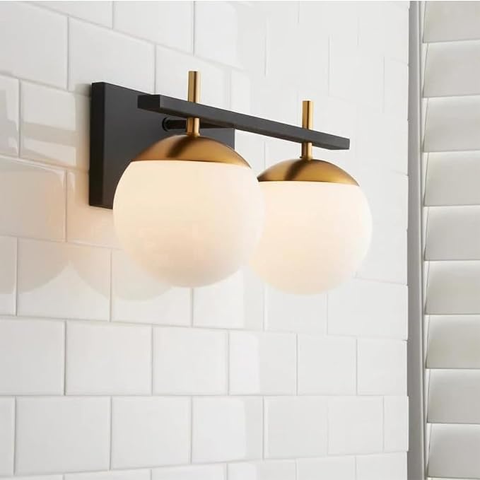 Mid Century 2-Light Bathroom Vanity Light Over Mirror, Black and Gold Modern Bathroom Light Fixtures with Milky White Frosted Glass Globe Shade, Wall Sconces for Bathroom, Stairs, Kitchen