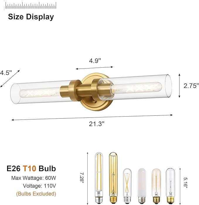 Hardwired Wall Sconces Set of 2, Brushed Gold Bathroom Wall Sconces Vanity Light Fixture with Clear Glass, Modern Farmhouse Wall Lights for Bathroom Mirror Living Room Hallway Kitchen