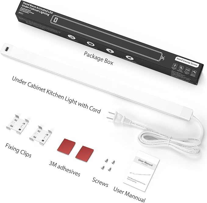 2Pcs 24 Inch Under Cabinet Lights with Hand Wave, Under Counter Lighting 3000K Warm White,Dimmable,Plug and Play,LED Lights for Kitchen Cabinet, Cupboard, Closet, Desk