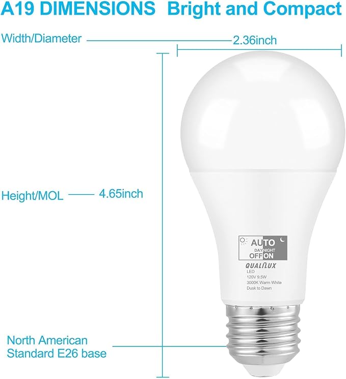 Qualilux Dusk to Dawn Light Bulbs Outdoor 850 Lumen, 60W Equivalent, Daylight Deluxe 6000K, LED 9.5W, A19, E26 Base, 2-Pack, HQ-H002