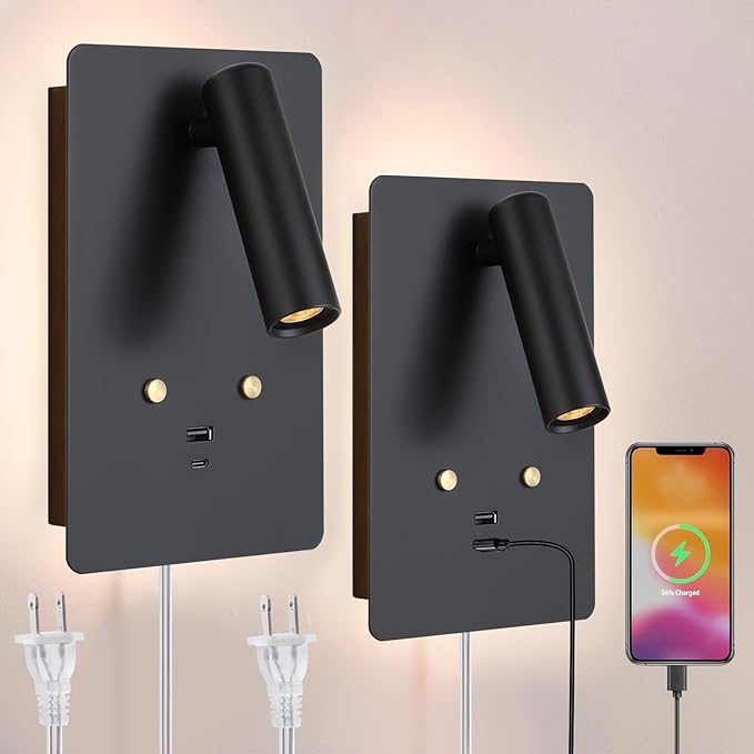 ZEROUNO Dimmable Wall Mounted Reading Light Set of 2,Adjustable Headboard Plug in Wall Sconce with USB A+C Ports,Touch Control Wall Light for Bedroom Bedside Lamps