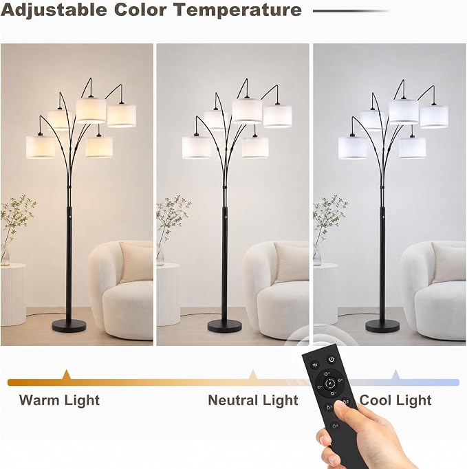 Floor Lamps for Living Room, 4000LM Super Bright Arc Floor Lamp with Remote Control, 5 Light Tall Floor Lamps with Stepless Dimmable, 80" Mid Century Tree Floor Lamp for Bedroom, Office