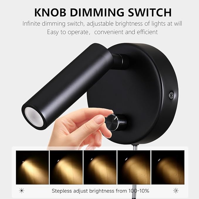 Surface Wall Mounted Reading Light Sconces Lamp Physical Knob Dimmer Switch LED 5W Warm White 3000K (Black Plug Cord)