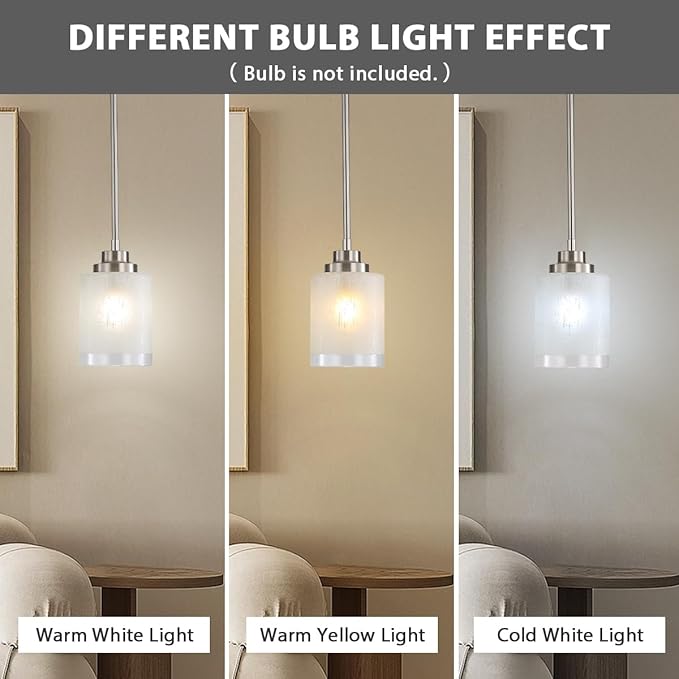 Cerdeco Modern Glass Pendant Light 2 Pack with Linen Frosted Glass Shade,Height Adjustable Hanging Pendant Lighting,Kitchen Island Lighting,Brushed Nickel Finish,UL Listed