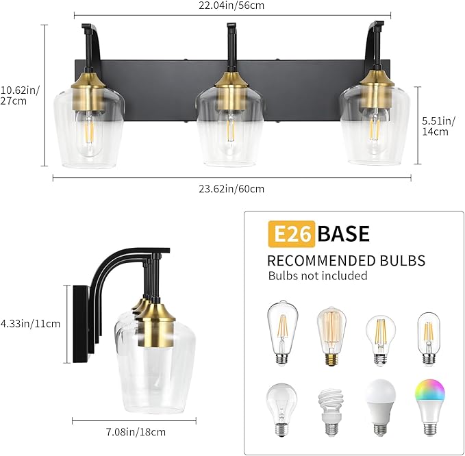 Black 3-Light Vanity Light with Clear Glass Shades, 23.62'' Industrial Black Gold Bathroom Wall Lights for Bedroom Hallway Living Room Kitchen