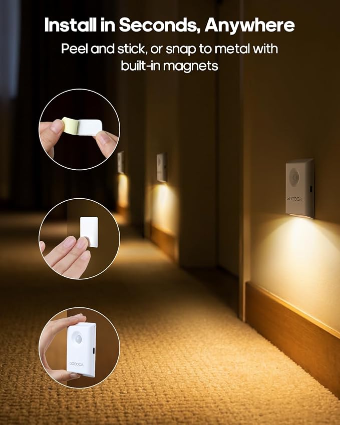 GOODEA 6-Pack Magnetic Motion Sensor Night Light with Rechargeable Battery | Portable Mini 3000K Warm White LED Nightlight, Dimmable Light for Stair, Bathroom, Hallway, Toilet, Bedroom, Cruise