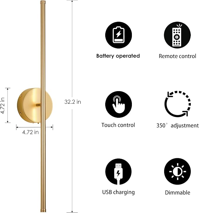 KARTOOSH Battery Operated Wall Sconces, Dimmable Wall Sconces Set of Two, 350°Rotate, 3000K LED Gold Wireless Wall Light for Living Room, Bedroom, Hallway, 32.2 Inch (2 Pack) | Rechargeable Wall Sconce with Remote 350°Rotate Dimmable 3000K LED Wall Lam...