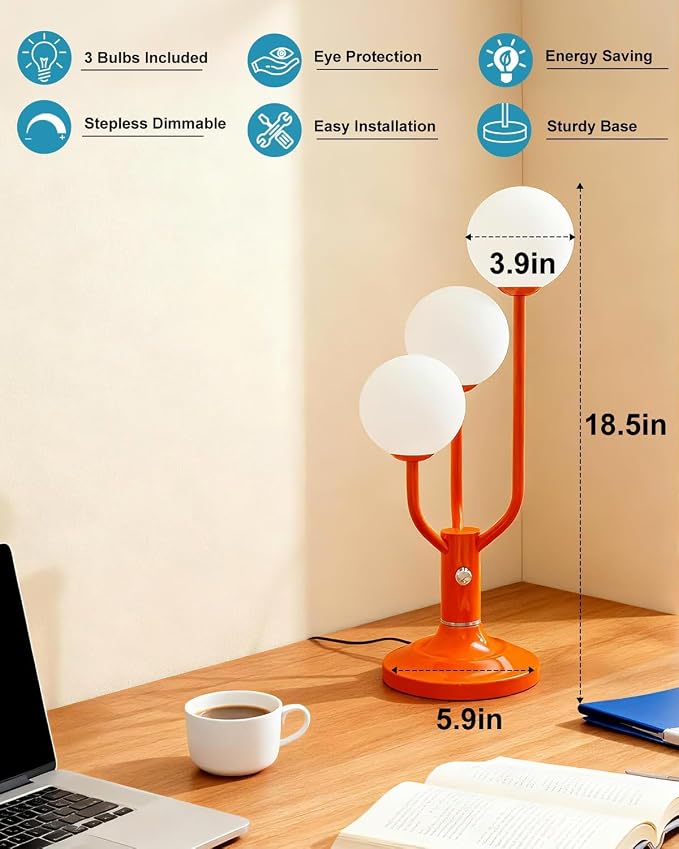 Orange Table Lamp Dimmable Vintage Globe Lamp G9 3 Bulbs Included | Mid Century Modern Desk Lamp Night Light Warmwhite Ambient Nightstand Bedside Lamp for Living Room Bedroom Home Decor Gift