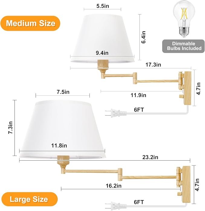 TRLIFE Dimmable Wall Sconce Plug in, Wall Sconces Set of 2 Swing Arm Wall Lights with Plug in Cord and Dimmer On/Off Knob Switch, 11.8" Large White Fabric Shade(2 LED Bulbs Included, Oak Color)