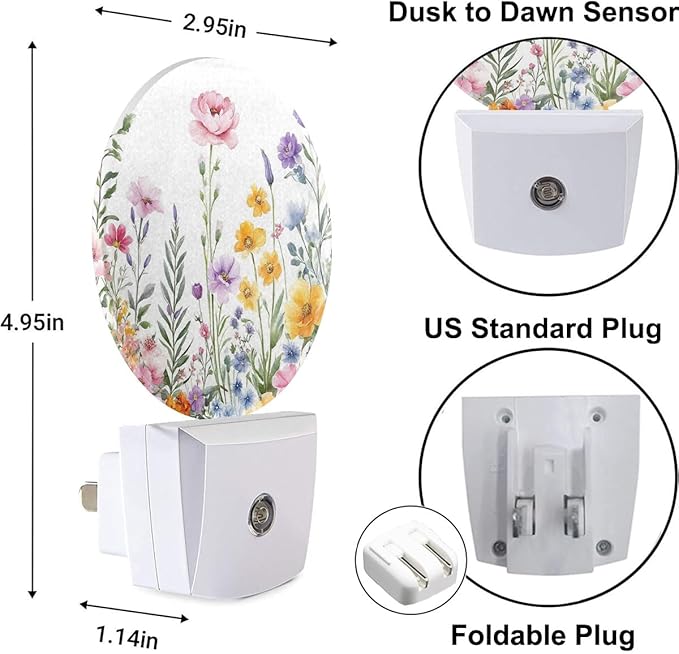 Plug-in Watercolor Wildflower Garden Night Light Floral Flower Meadow Nightlight with Dusk to Dawn Sensor, Auto On/Off 0.5W Energy-Saving LED Lighting for Men Women Boys Girls Gift