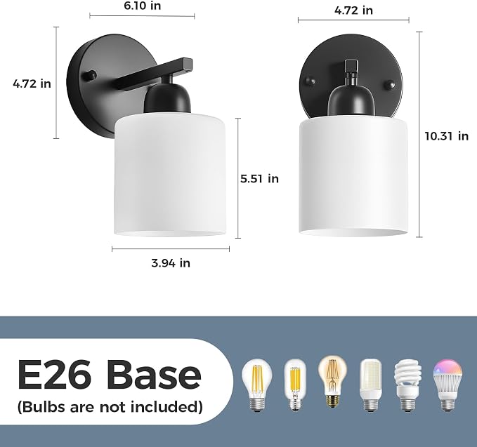 2PCS Light Black Bathroom Light Fixture, Modern Bathroom Lights with Milky White Frosted Glass Shades for Mirror Living Room Bedroom Hallway E26 Base