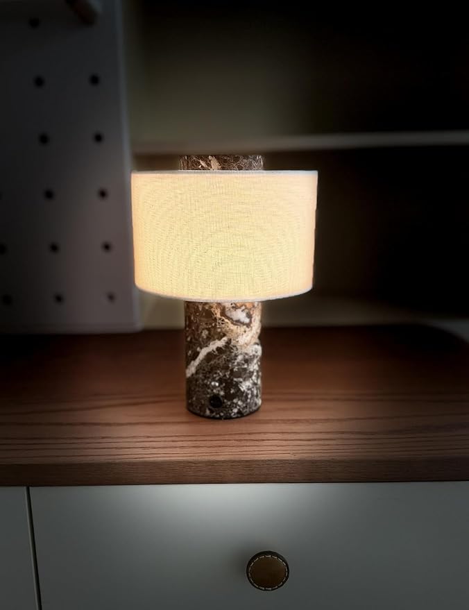 Marble Lamp, Stone Table Lamps Collection - Modern Cylindrical Lampshade Cordless Luxury Design Bedside Brown Lamp for Home Decor, Bedroom, Living Room & Office (Rechargeable Emperador Dark Lamp)
