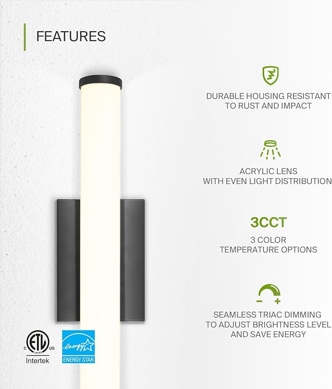 ASD 18" LED Linear Vanity Light Fixture, Modern Bathroom Sconce — 3 Color 3000K-5000K, Dimmable, 20W 1800LM, Energy Star & ETL Listed — Over Mirror Makeup Slim Bar for Bedroom, Cabinets — Black