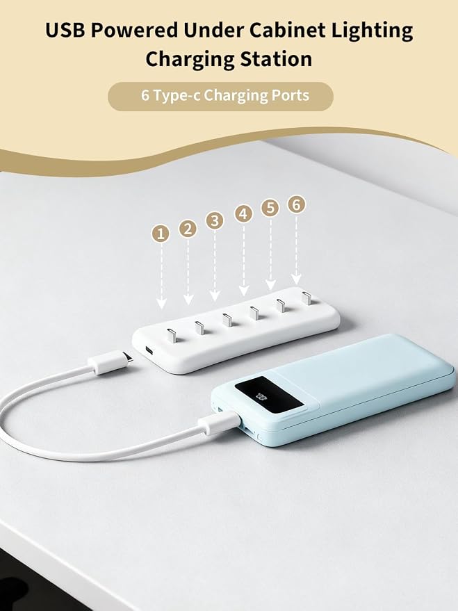 Ledagic Under Cabinet Lighting Charging Station-6Typec Charging Ports 1Pack | Portable Motion Sensor Light Indoor Multi-Light Storage & Charging Base Save Charging Time, Ideal for Cabinet Lights
