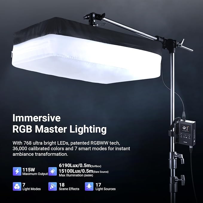 NEEWER 115W Upgraded Inflatable RGB Softbox Video Light, APP/2.4G/DMX Control Flexible LED Folding Panel Lighting 2500K-10000K 14700lux/0.5m CRI96+ for Studio Photography Streaming Recording, FL100C