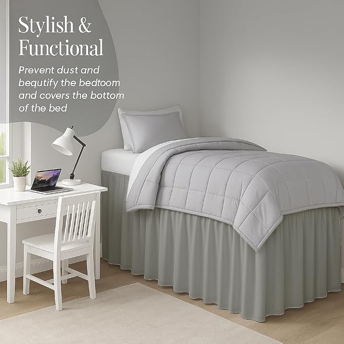 Cottingon Dorm Bed Skirt Twin XL 42" with Split Corners, 100% Microfiber Soft and Stylish, College Room Essential, Extra Long Dust Ruffle for Extended Beds, Light Grey