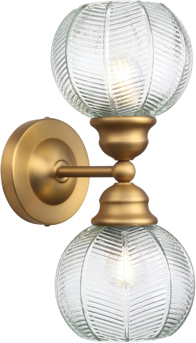 Pathson 2-Lights Vintage Wall Sconce with Green Leaf-Pattern Globe Glass, Double-Head Bathroom Vanity Lights Over Mirror, Brass Vintage Bathroom Sconce Lamp for Living Room Bedroom Above Mirror