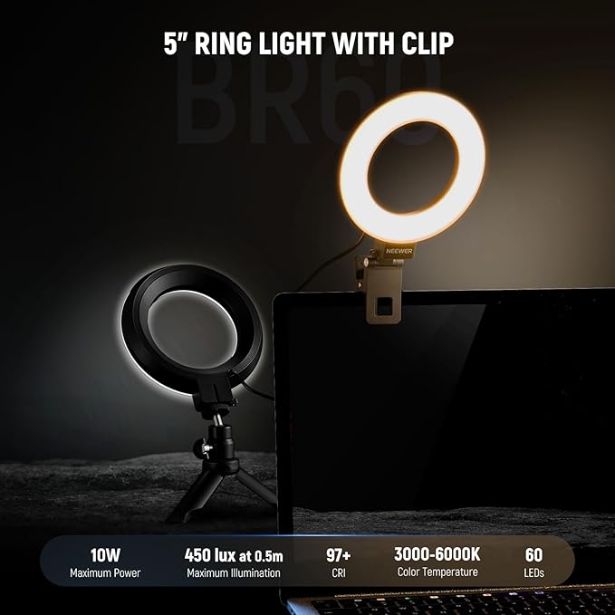 NEEWER BASICS 5" Ring Light for Video Conference Lighting, 2 Pack Clip on Light Kit with Desk Tripod Stands for Monitor Laptop Computer Zoom Call Live Streaming Recording Remote Working Learning, BR60