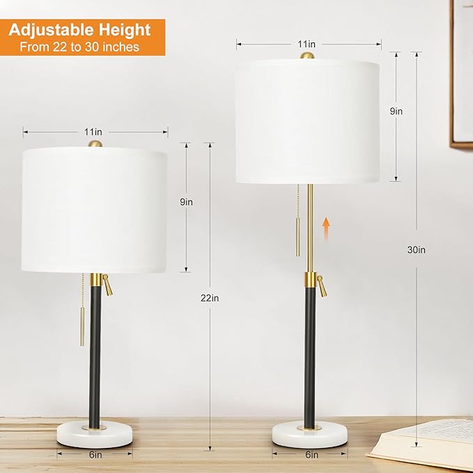 Table Lamps for Bedrooms Set of 2, 22" to 30" Height Adjustable Nightstand Lamps with Linen Shade, Pull Chain Switch Lamps for Living Room, 3 Way Dimmable Bedside Lamp