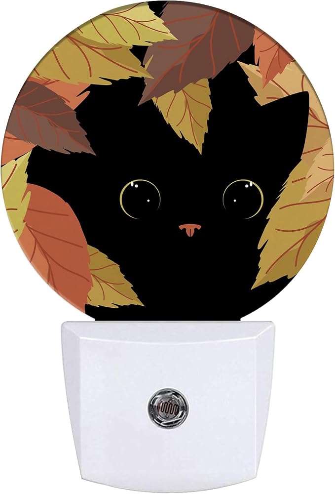 Maple Leaf Black Cat Night Light, Autumn Nightlight Plug into Wall LED Lamp Auto Sensor Dusk to Dawn for Bedrooms/Kitchens/Toilets/Corridors,Energy-Saving