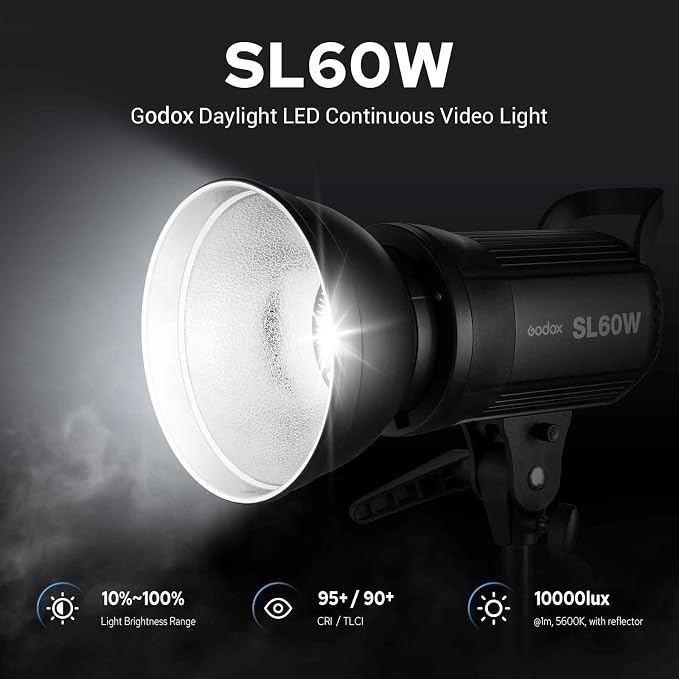 Godox SL60W LED Video Light, 60W 5600K Daylight LED Continuous Light SL-60W, Powerful Studio Bright Light with Bowens Mount 10-100% Brightness for Video Recording Wedding