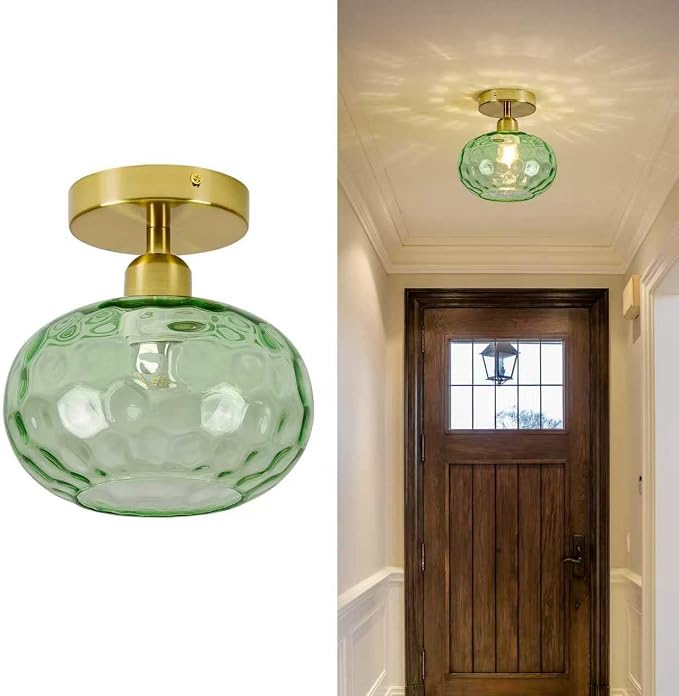 7.9″ Small Semi Flush Mount Ceiling Light ,Green Hallway Light Fixtures | Art Deco Hammered Glass,Whimsical,Vintage Gold Mid Century MCM Lighting for Closet Cottage Entryway Laundry Room Foyer