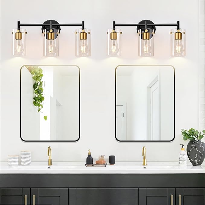 Bathroom Light Fixtures, 3-Light Black and Gold Vanity Light, Black Bathroom Lights Over Mirror with Clear Glass Shade for Mirror Bedroom Living Room
