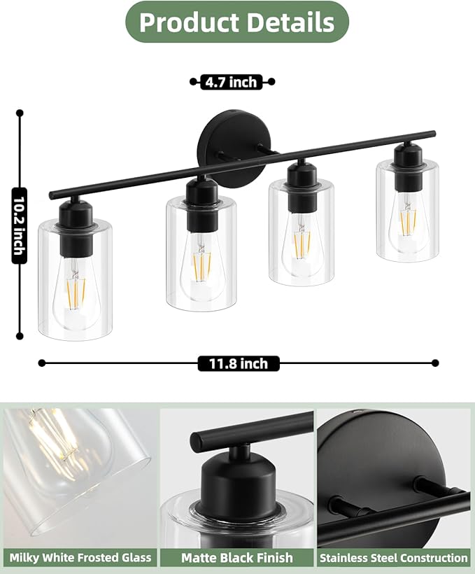 4-Light Bathroom Light Fixtures, Matte Black Vanity Lights for Bathroom