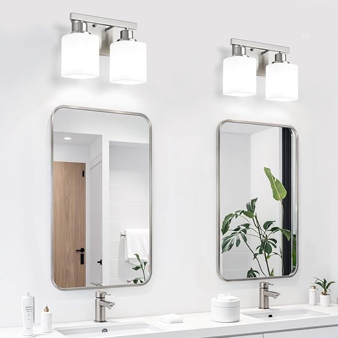 2 Light Brushed Nickel Vanity Light,Brushed Nickel Vanity Lights for Bathroom,Bathroom Light Fixtures Over Mirror,Wall Sconces for Living Room,Bedroom,Hallway(E26 Base)