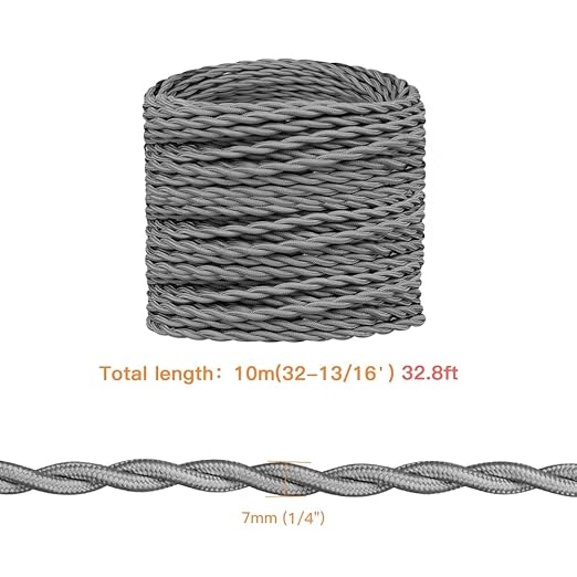Helunsi Twisted Cloth Covered Wire, 32.8ft Grey 18/2 Fabric Covered Electrical Wire, 18 Gauge 2-Conductor Vintage Lamp Cord, for DIY Projects