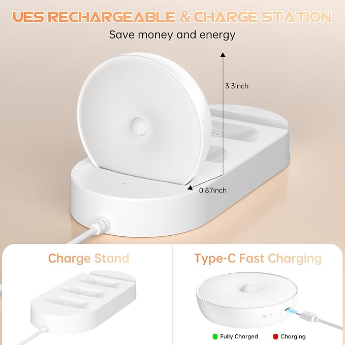 Motion Sensor Closet Lights, USB-C Rechargeable Under Cabinet Puck Lighting with Charge Station, Dimmable Battery Powered Step Lights for Kitchen, Stairs, Wardrobe