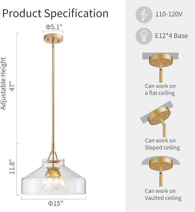 WUZUPS Chandelier Rustic Farmhouse Industrial Round Ceiling Pendant LED Light Fixture with Clear Glass Shades for Dining Room Kitchen Island Foyer Entryway, H 11.8" W 15", E26 Base, Gold