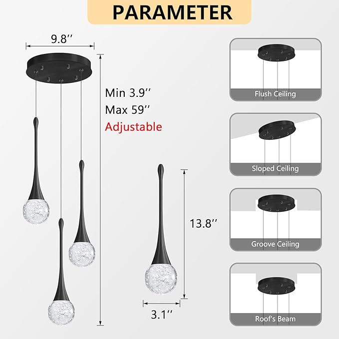 cenzoz 3-Lights Modern Pendant Lights for Kitchen Island LED Dimmable Crystal Glam Ceiling Pendant Lighting Chandelier for Dining Room Hallway Bedroom Corner Lamp Black