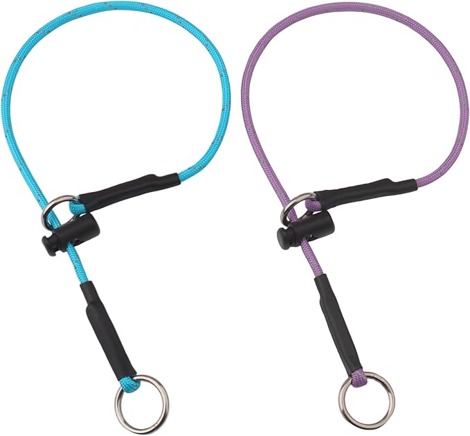 14" Dog Slip Collar – 5/32" Paracord Rope Dog Collar with Spring-Loaded Stopper & Stainless Steel O-Ring, Reflective for Low-Light Visibility (Light Blue & Purple)