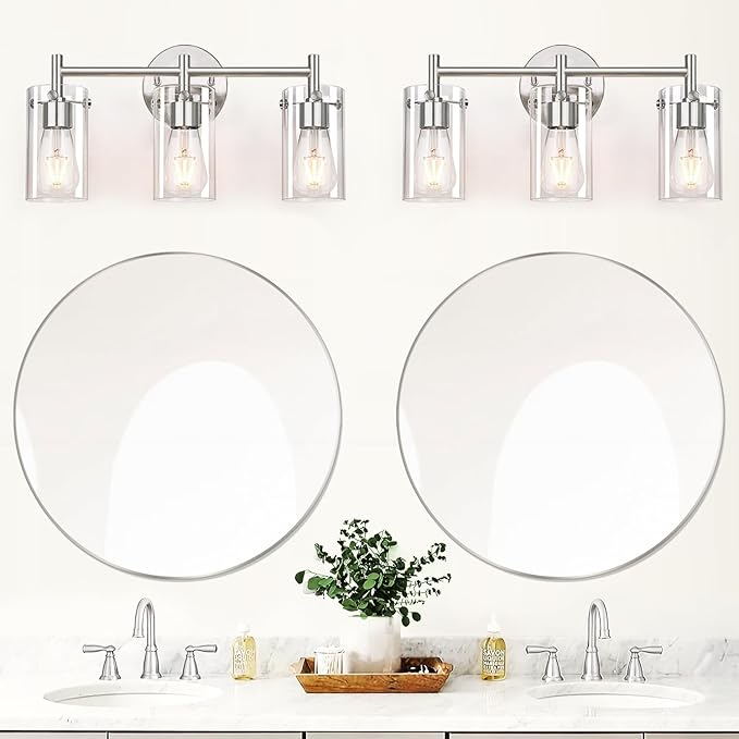 3-Light Brushed Nickel Bathroom Vanity Light Fixtures, Clear Glass Shade Wall Sconces for Mirror, Bedroom, Living Room, Hallway