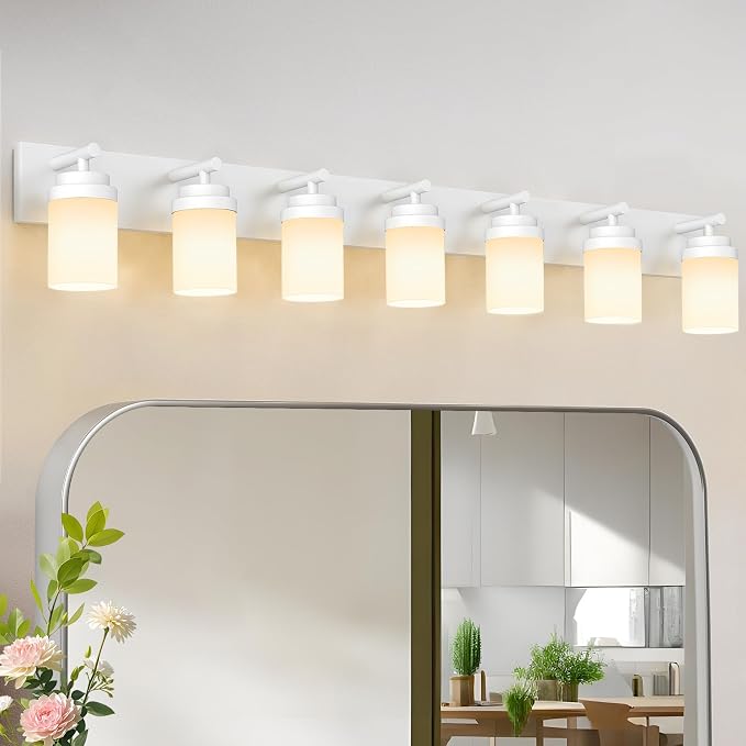 IZORRO Bathroom Vanity Light Fixture, 7-Light 52 inch White Bathroom Light Fixtures Over Mirror, with White Glass Shade, Modern Farmhouse Vanity Lights, Rustic Restroom Lighting Fixtures