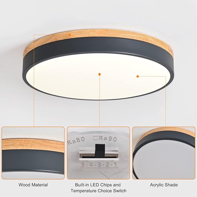 Yiisem Dimmable Wood LED Flush Mount Ceiling Light, Grey, 15.8 in | 5CCT 2700K-6000K Modern Close to Ceiling Lighting Fixtures, Round Ceiling Lamp for Living Room, Bedroom, Laundry Room