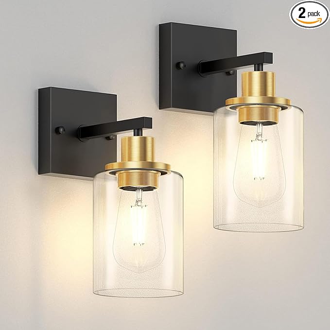 Licperron Black and Gold Wall Sconces Set of 2 with Clear Glass Shade, Matte Black Vanity Light Fixtures, Farmhouse Wall Lights for Bathroom, Bedside, Mirror, Living Room, Hallway