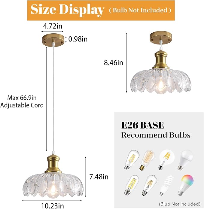 Vintage Gold Pendant Light Fixture, Clear Glass Pendant Light Kitchen Island Over Sink, Farmhouse Pendant Lighting for Dining Room, Bedroom, Living Room, Entryway, Hallway, Foyer