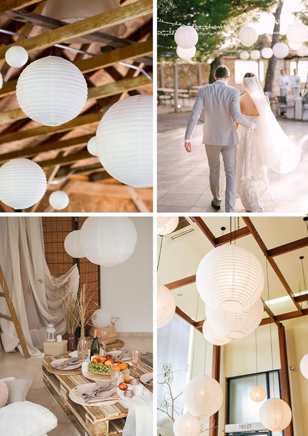 Mudra Crafts White Paper Lanterns Wedding Party Decorations - Mixed 10 Round Hanging Ceiling Lanterns, 10 Pack, Decorative Lamp Shades