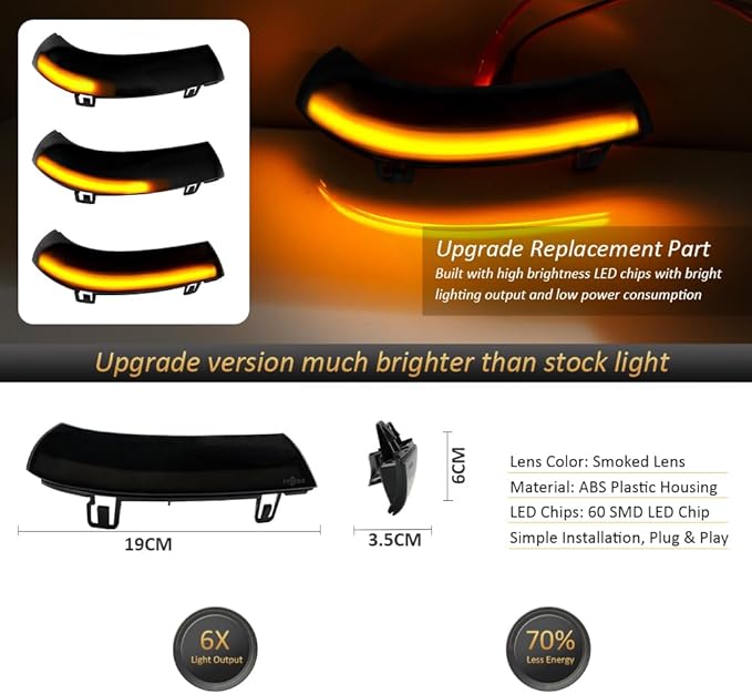 D-Lumina Sequential LED Side Mirror Turn Signal Lights Smoked Lens for VW Golf 5 EOS GTI Jetta MK5 Passat B5.5 B6 R36 Sharan Skoda Superb B5, Dynamic Indicator Mirror Marker Blinker Light, Pack of 2